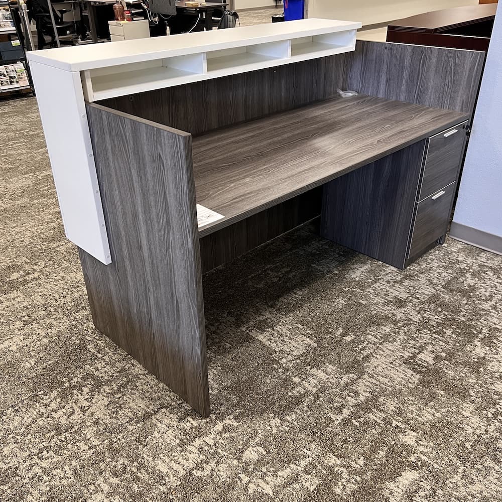 white and grey laminate reception desk with file file, used office furniture