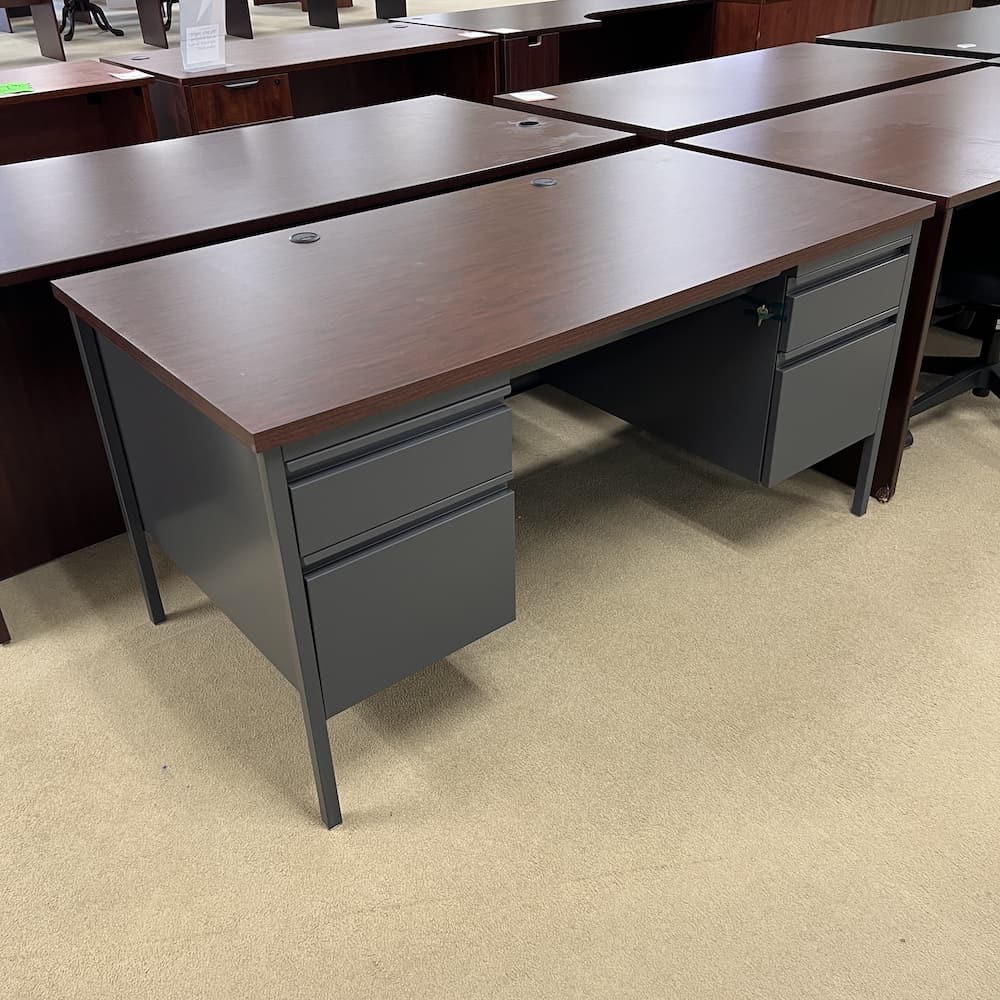 mahogany laminate desk top with grey metal base, 2 box/files, used office furniture
