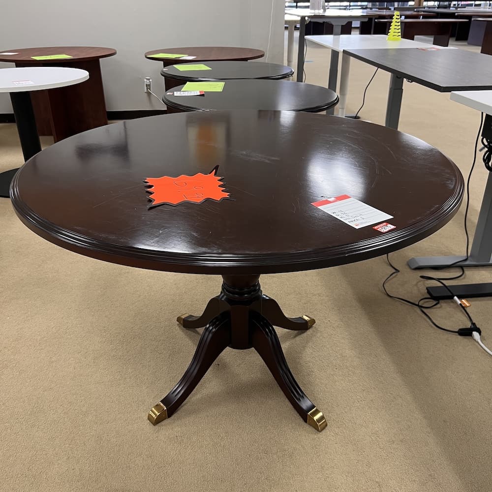 mahogany veneer round traditional table, used furniture, dining, break room