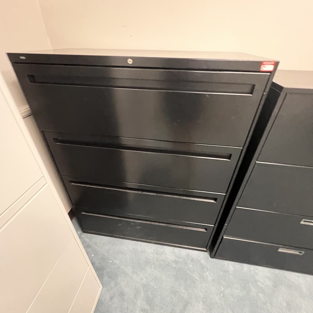hon 4 drawer lateral in black metal, 42" wide, used office furniture