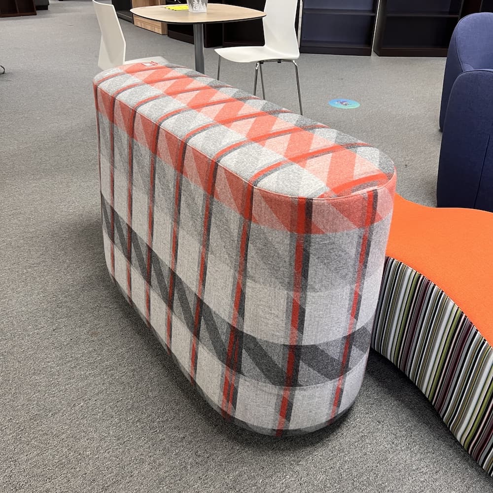 orange and grey plaid upholstered bench, bar height, Kona perch, Hightower brand, used office furniture, collaboration seating