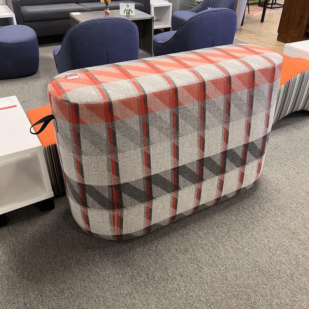 orange and grey plaid upholstered bench, bar height, Kona perch, Hightower brand, used office furniture, collaboration seating