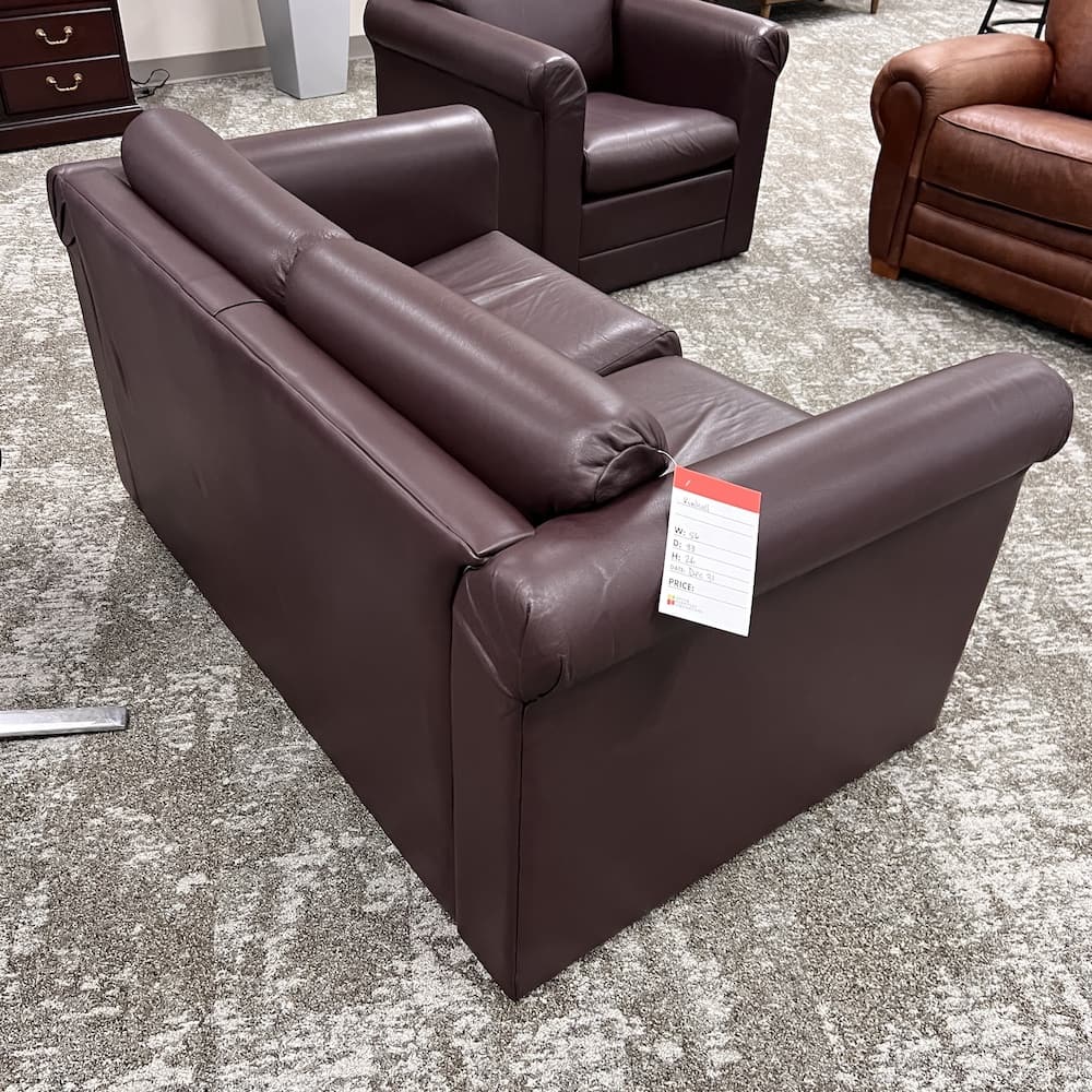 Kimball brand leather sofa and couch set, purple eggplant, vintage commercial furniture, used furniture, guest seating, lobby