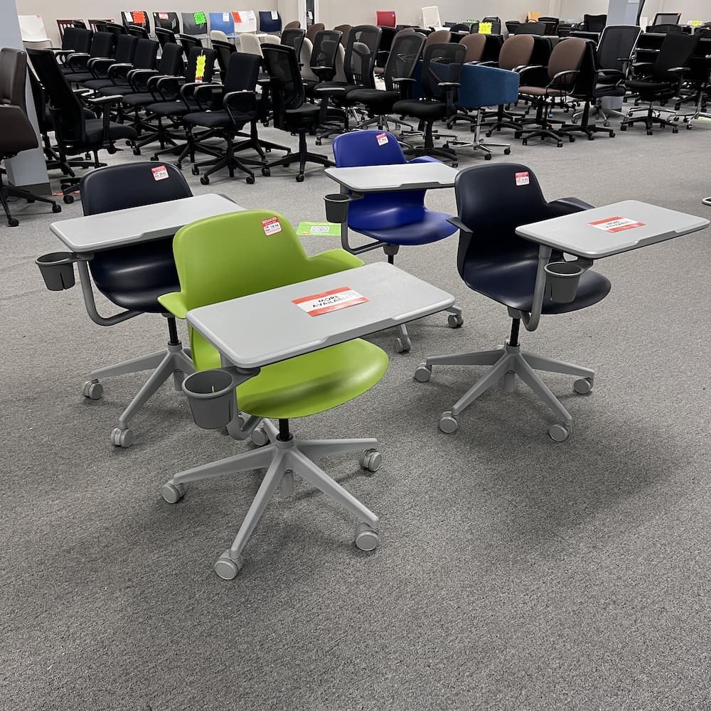 steelcase node classroom seating with tablet and cup holder in various colors, plastic molded seat, rolling