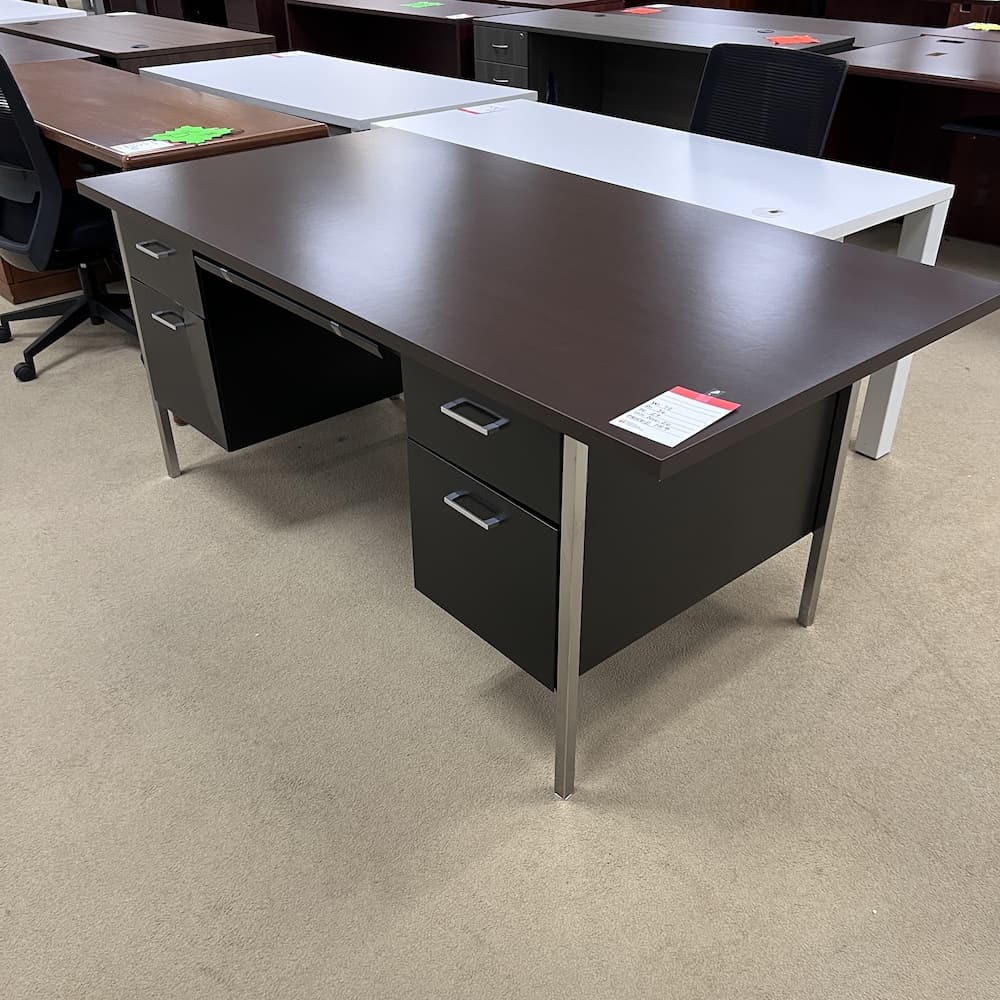 walnut laminate top with black metal base, teacher's desk, used office furniture, scratch n dent, San Antonio texas