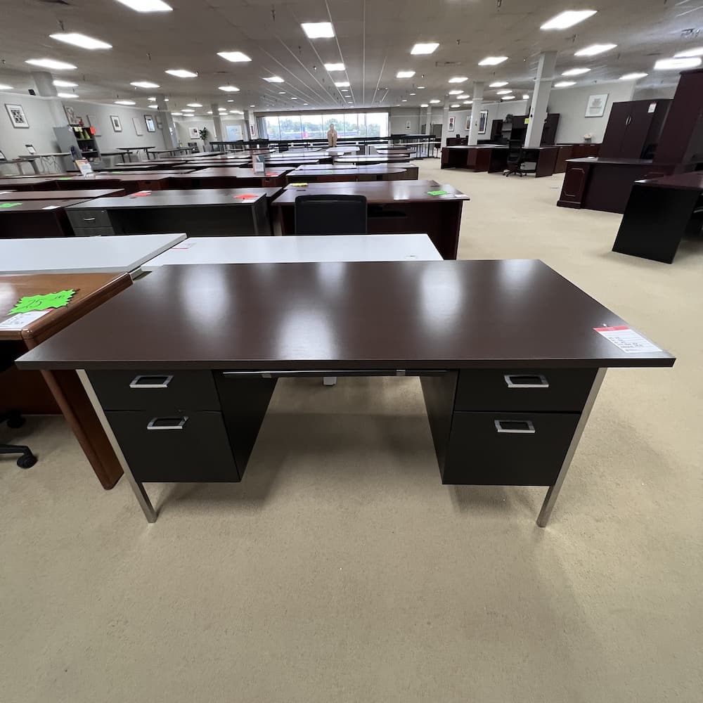 walnut laminate top with black metal base, teacher's desk, used office furniture, scratch n dent, San Antonio texas