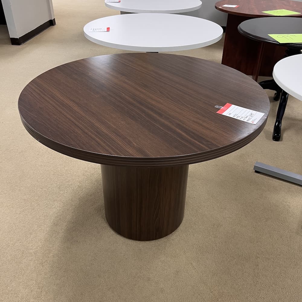 walnut laminate round break room table, hon brand, used office furniture