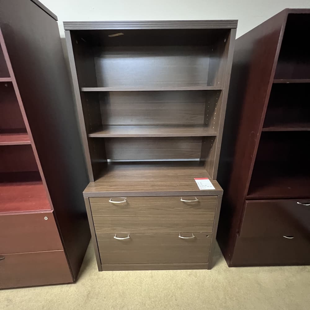walnut laminate 2 drawer lateral bookcase hutch, and silver pulls, used office furniture, hon brand