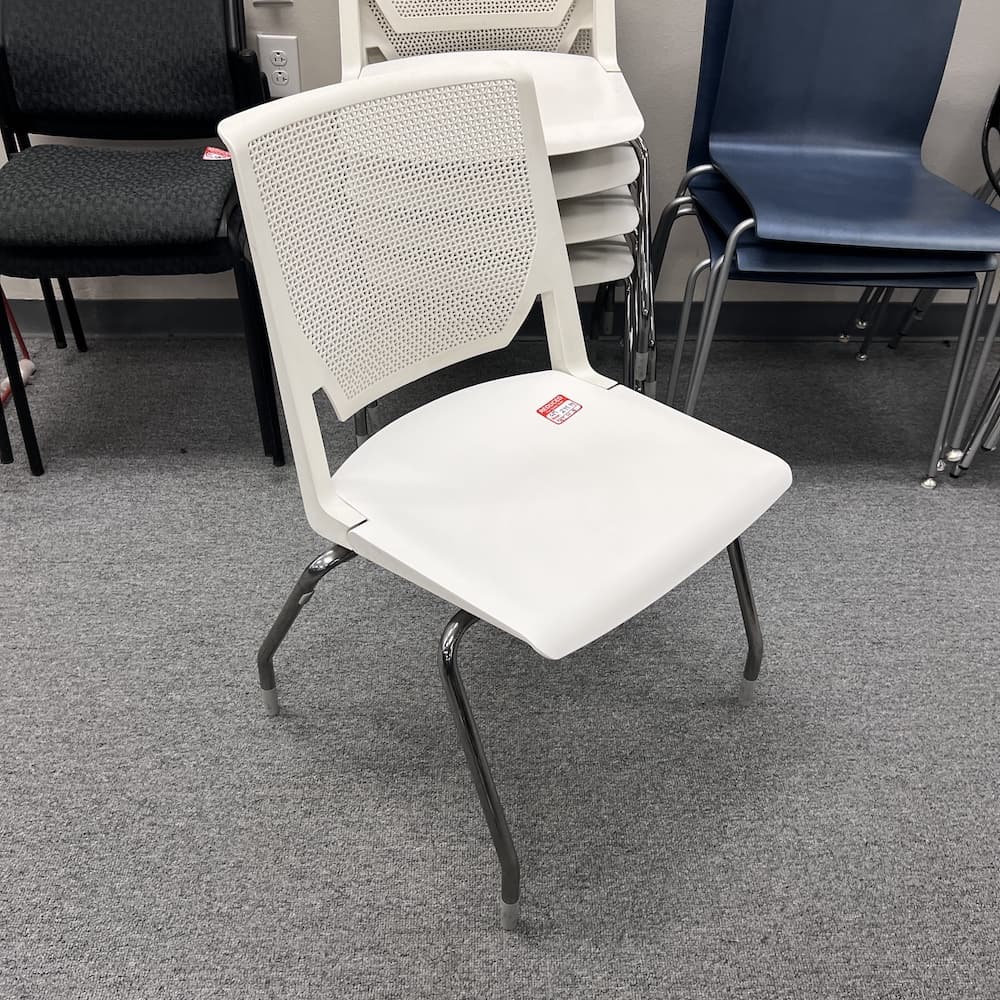 white plastic stacking chair, commercial office seating, haworth very, used office furniture