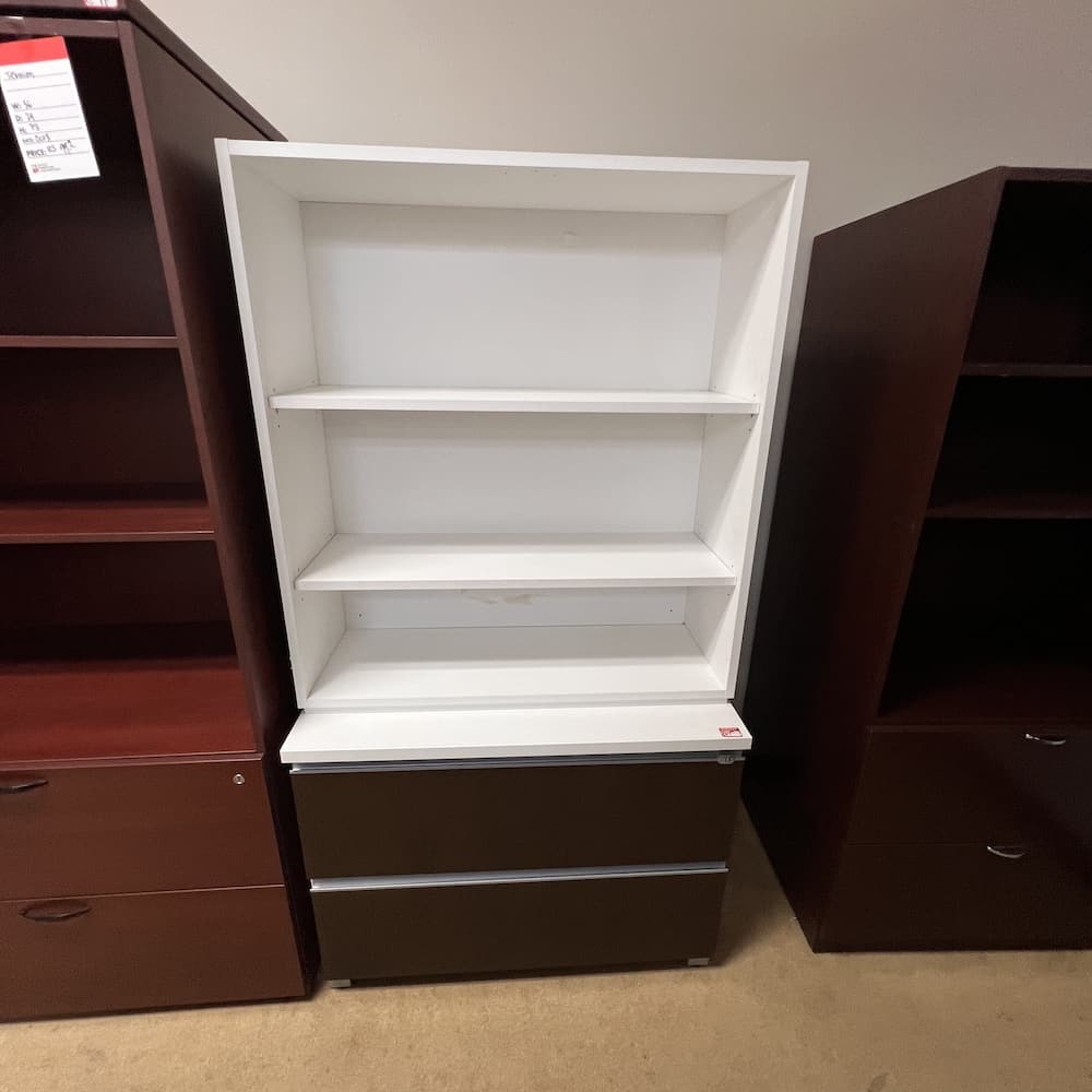 espresso and white laminate 2 drawer lateral with hutch, haworth, used office furniture