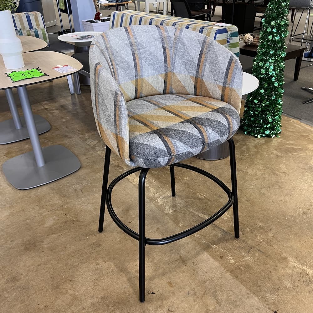 Hightower stool, gold and black and grey plaid, bar height, used office furniture, commercial seating