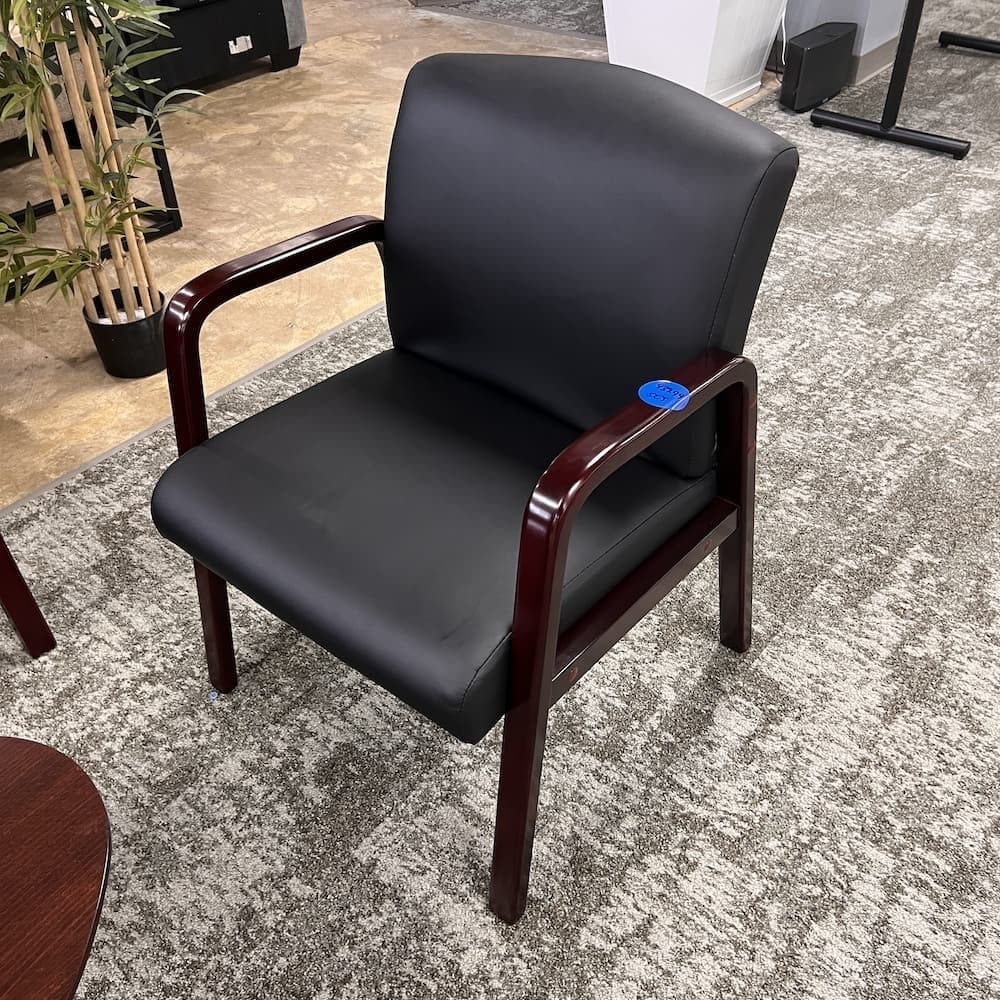 alera black vinyl mahogany 3 seater guest sofa and chair reception, used office furniture
