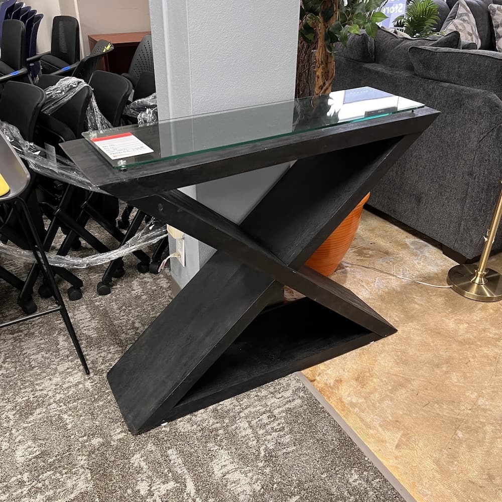 x base console hallway table, modern furniture, used home goods, glass top