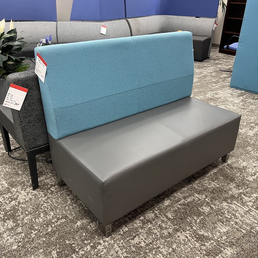 blue and grey commercial seating, used office furniture, lounge area flex, Kimball fringe