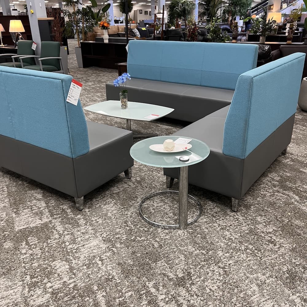blue and grey commercial seating, used office furniture, lounge area flex, Kimball fringe