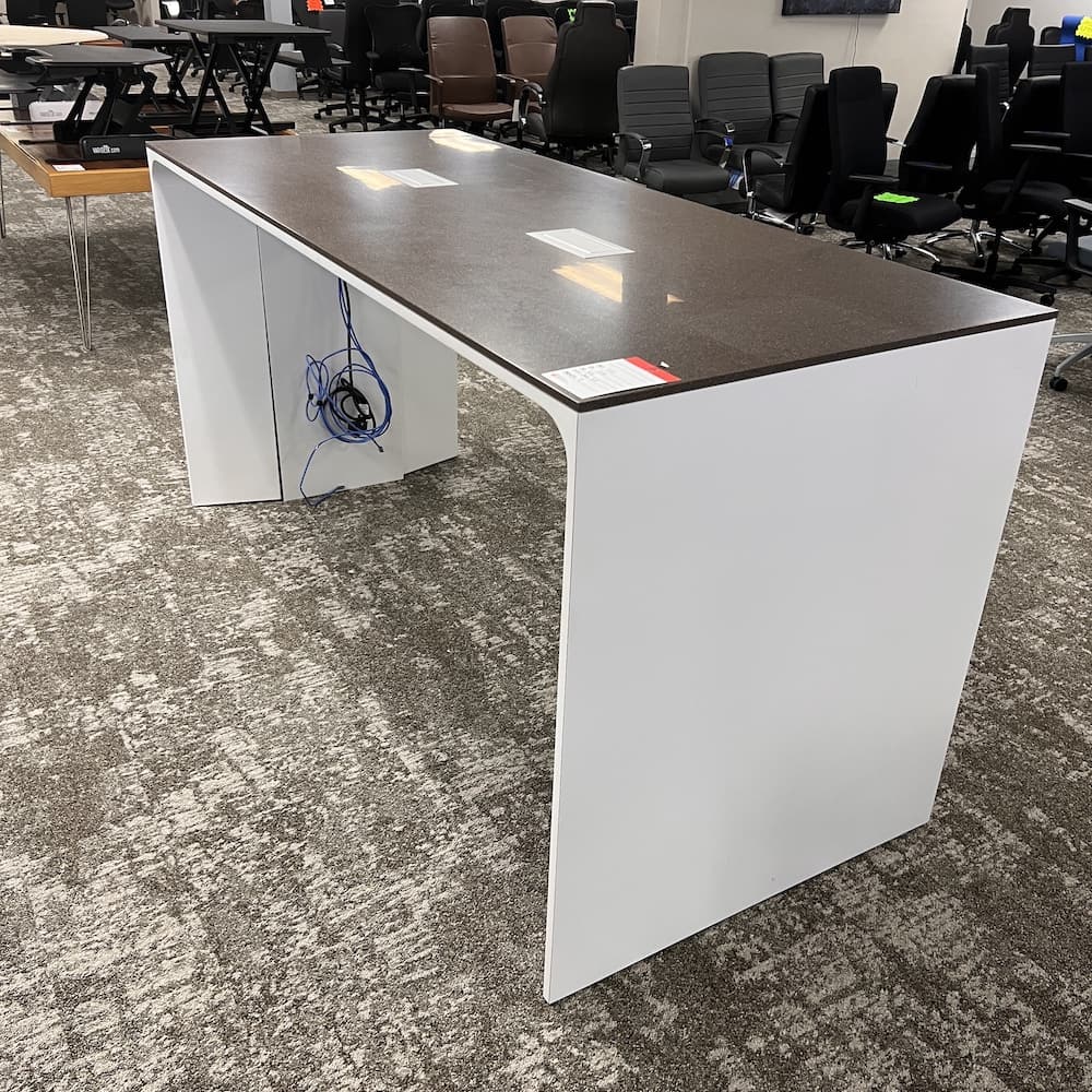 brown terrazzo top composite stone collaboration table with white base, used office furniture, bar height