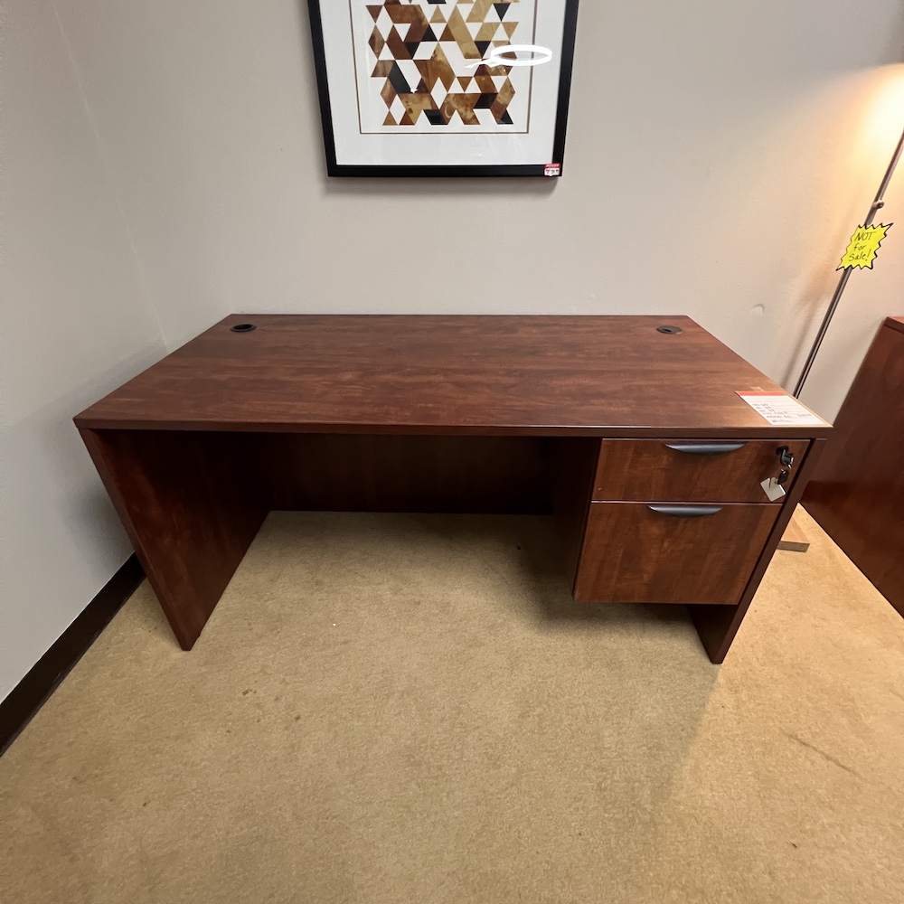 cherry laminate desk with single hanging box/file, black pulls, used office furniture