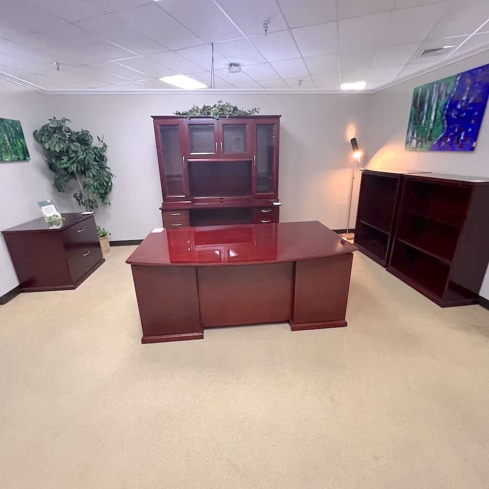 cherry veneer glossy wood, used office furniture set, matching