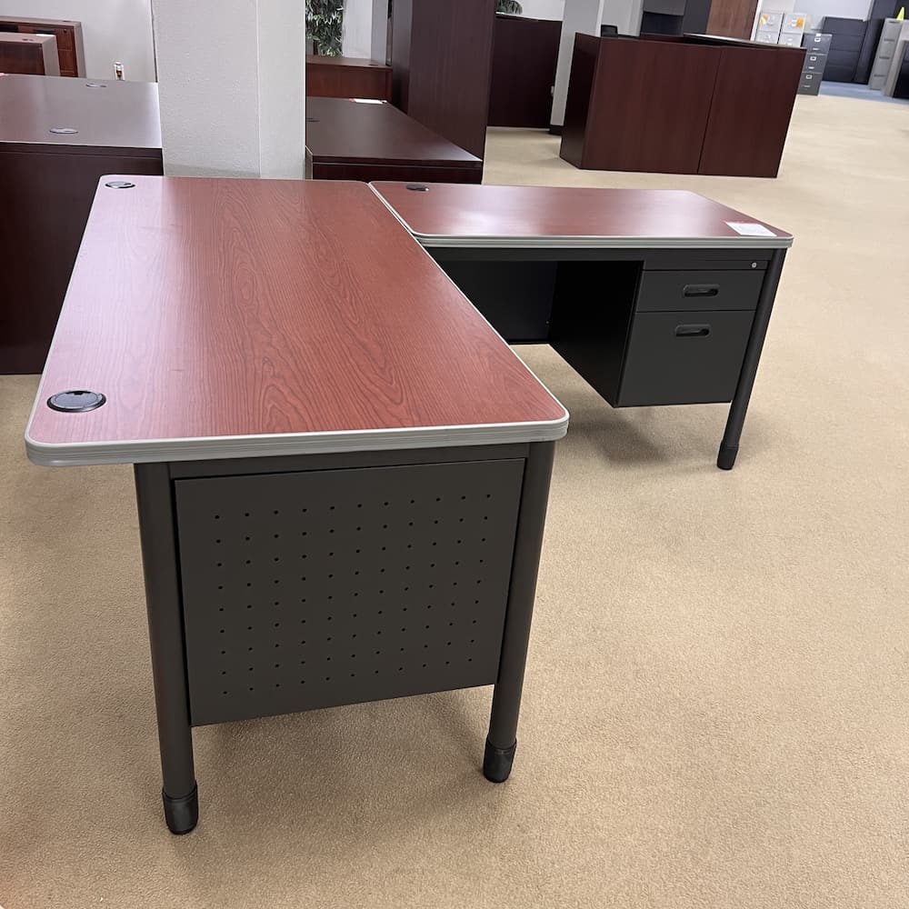 cherry laminate l-desk, right return, dark grey metal base, double hanging box/files, used office furniture