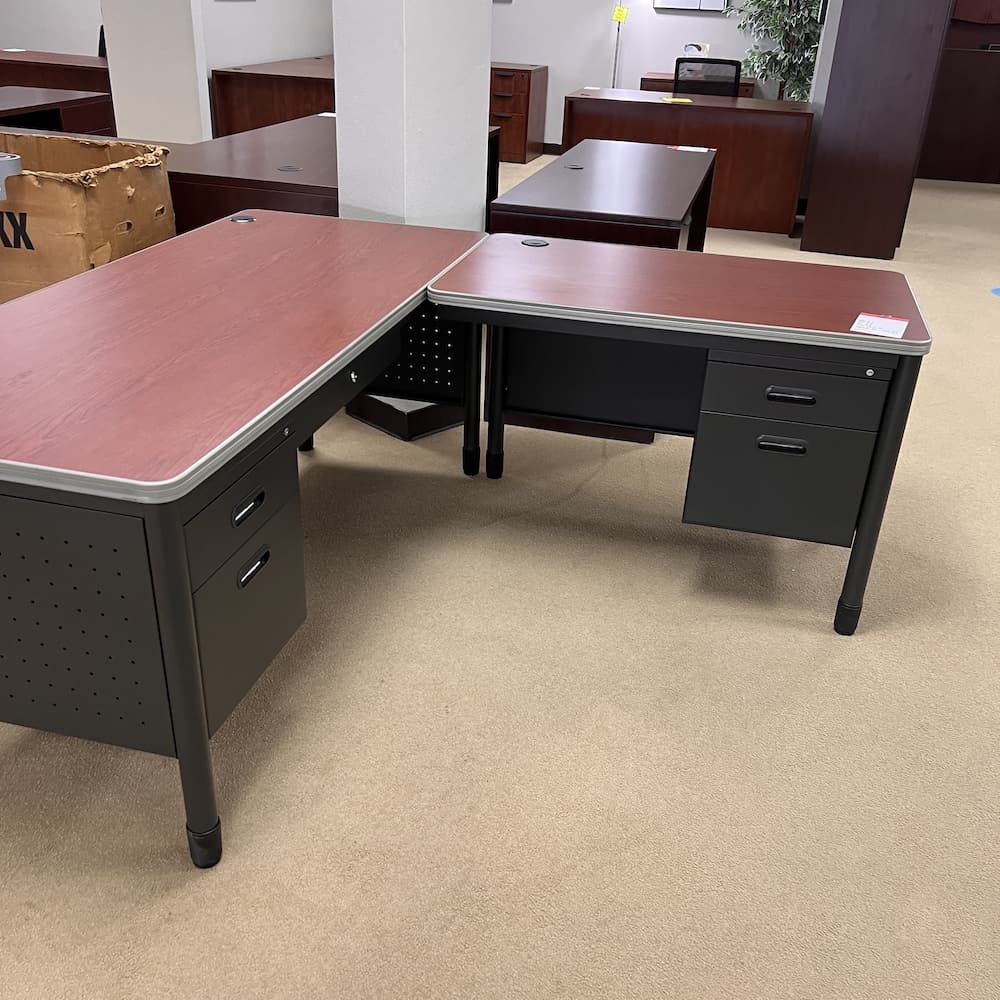 cherry laminate l-desk, right return, dark grey metal base, double hanging box/files, used office furniture