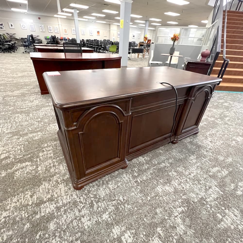 cherry veneer wood double pedestal executive desk, traditional style, Clinton Hill, used office furniture