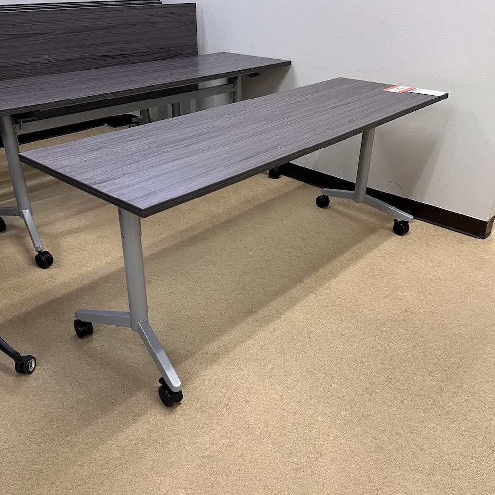 coastal grey laminate 71x24 training table with grey metal base, new closeout office furniture