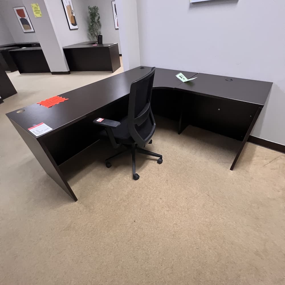 espresso laminate L-desk shell, used office furniture