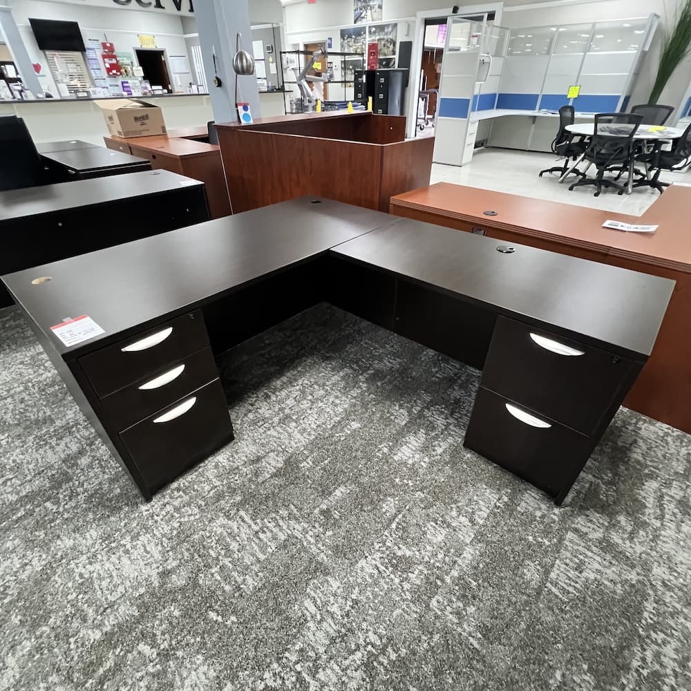 espresso l-desk right return laminate double pedestal, used office furniture