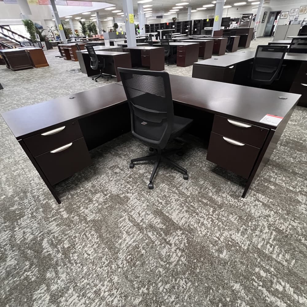 espresso l-desk double hanging box/files, used office furniture