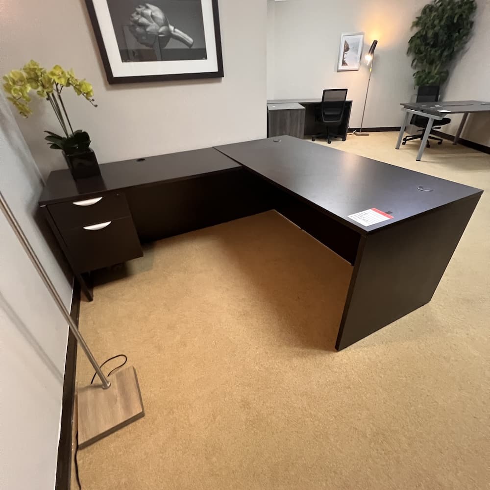espresso laminate l-desk left return, one box box file, used office furniture