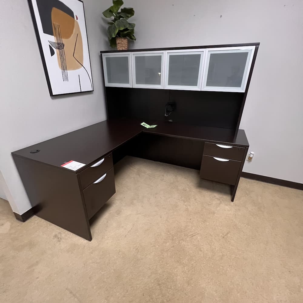 espresso l-desk right return with double hanging box file and hutch with 4 glass doors, used office furniture
