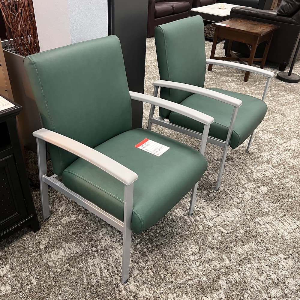 green vinyl guest chairs, heavy duty, sycamore metal, office furniture, lounge waiting room, bariatric