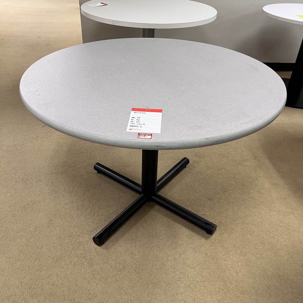 grey laminate round tope with black metal x base, used office furniture