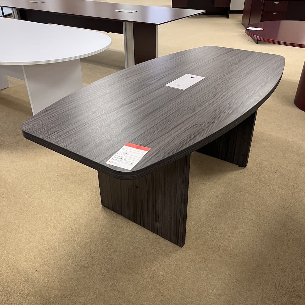 6 ft boat shaped conference table with slab base, used office furniture, laminate