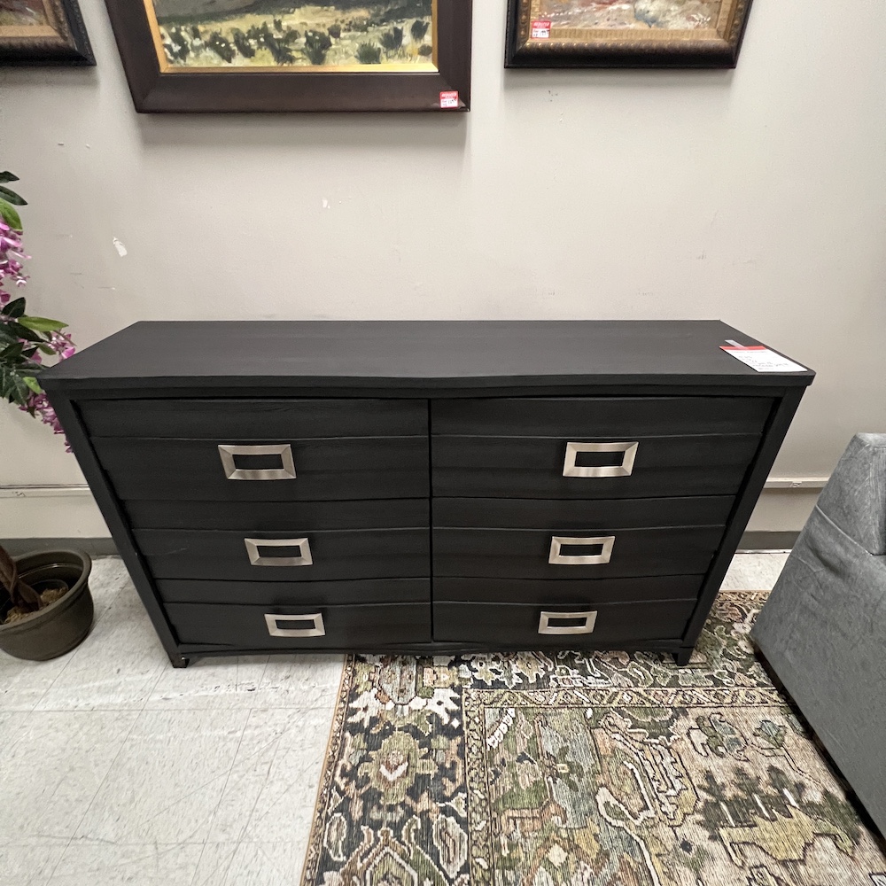 dark grey 6 drawer dresser with silver pulls, used home goods, open box home furniture
