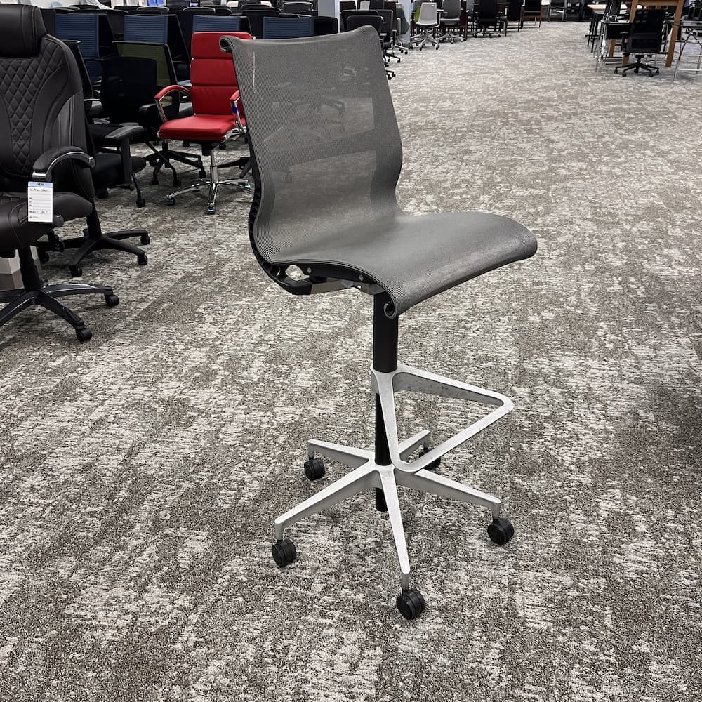 Herman Miller setu office stool, no arms, grey mesh, used office furniture, bar height