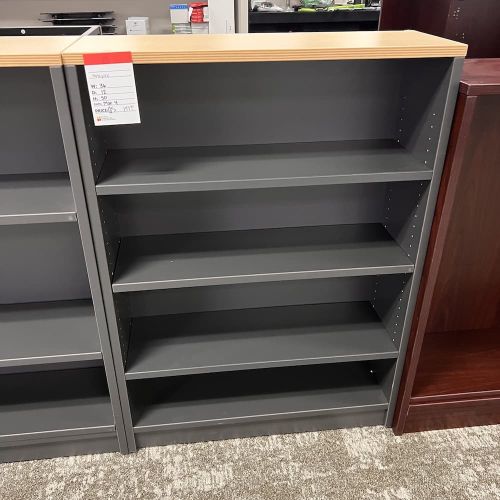 grey laminate bookcase with maple laminate top, board back, artopex brand commercial used office furniture