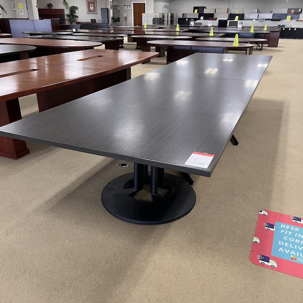 grey laminate conference table, rectangle shape, black base, used office furniture, 14 ft