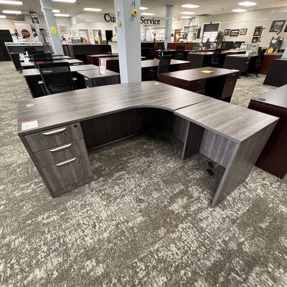 bow front Newport grey l-desk right return, single box box file, used office furniture