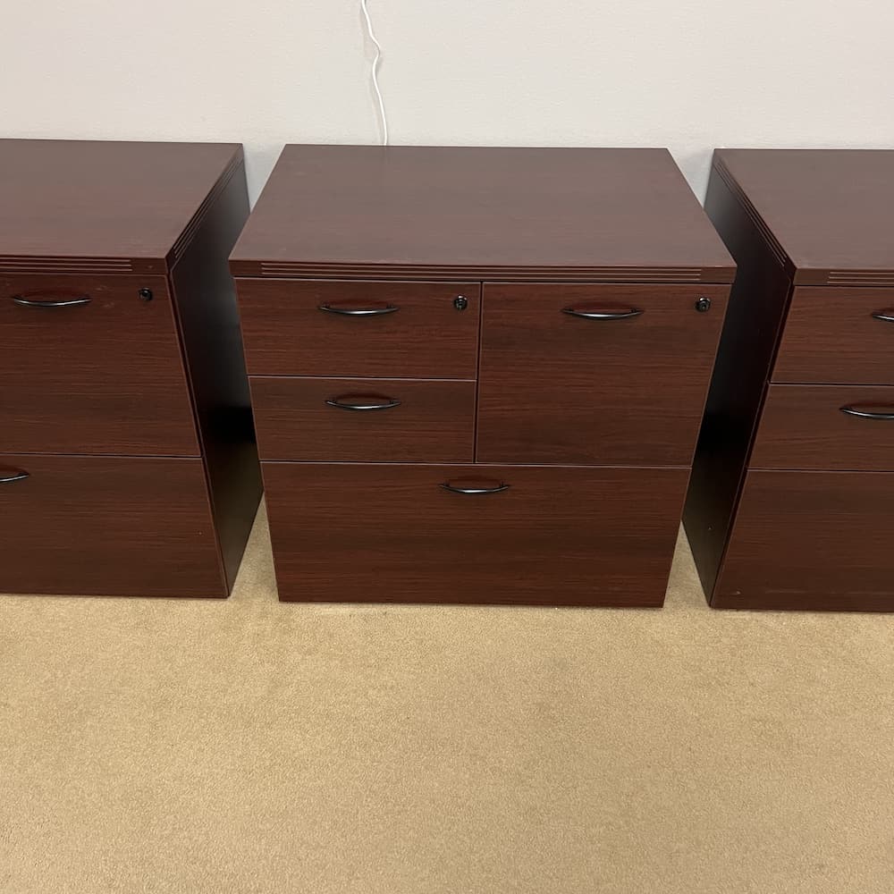 mahogany laminate combo file with black pulls, fluted edge top, used office furniture, open box