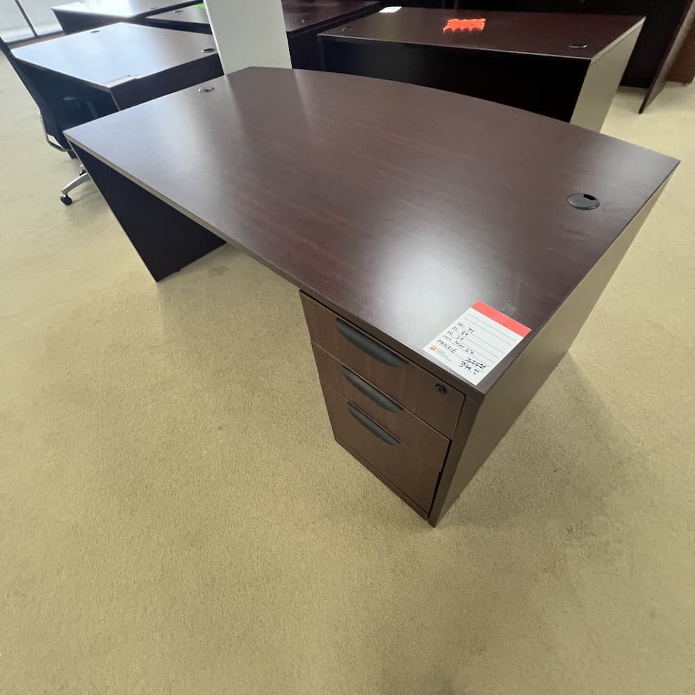 mahogany laminate bow front desk with 1 box box file, used office furniture