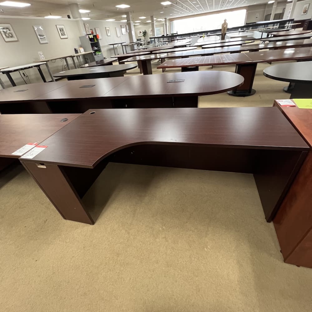 mahogany laminate pork chop l-desk left return, 71 x 36, used office furniture