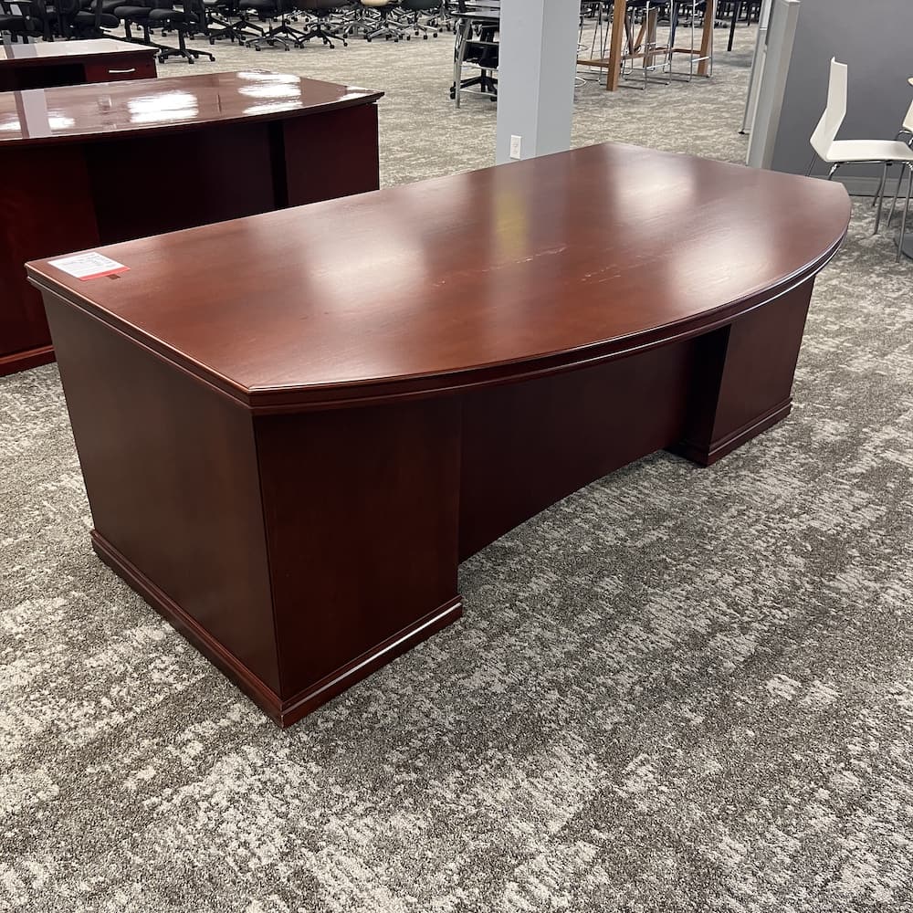 mahogany veneer wood bow front desk double pedestal, used office furniture