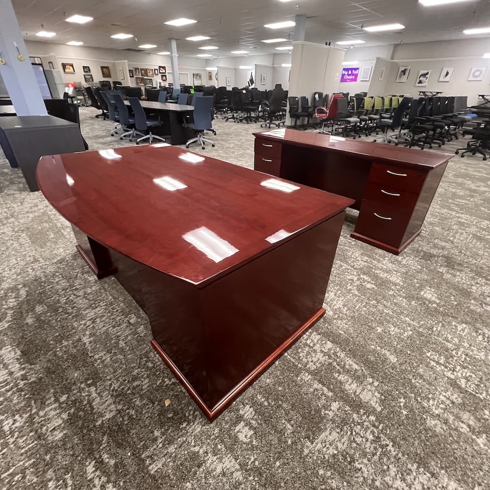 cherry veneer wood set bow front double pedestal, credenza desk, used office furniture, Dmi