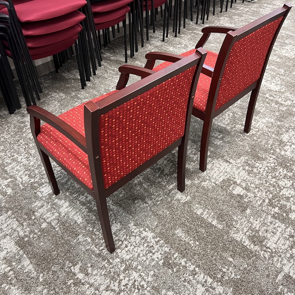 red upholstered guest chair set with upholstered back and mahogany veneer wood frame, used office furniture