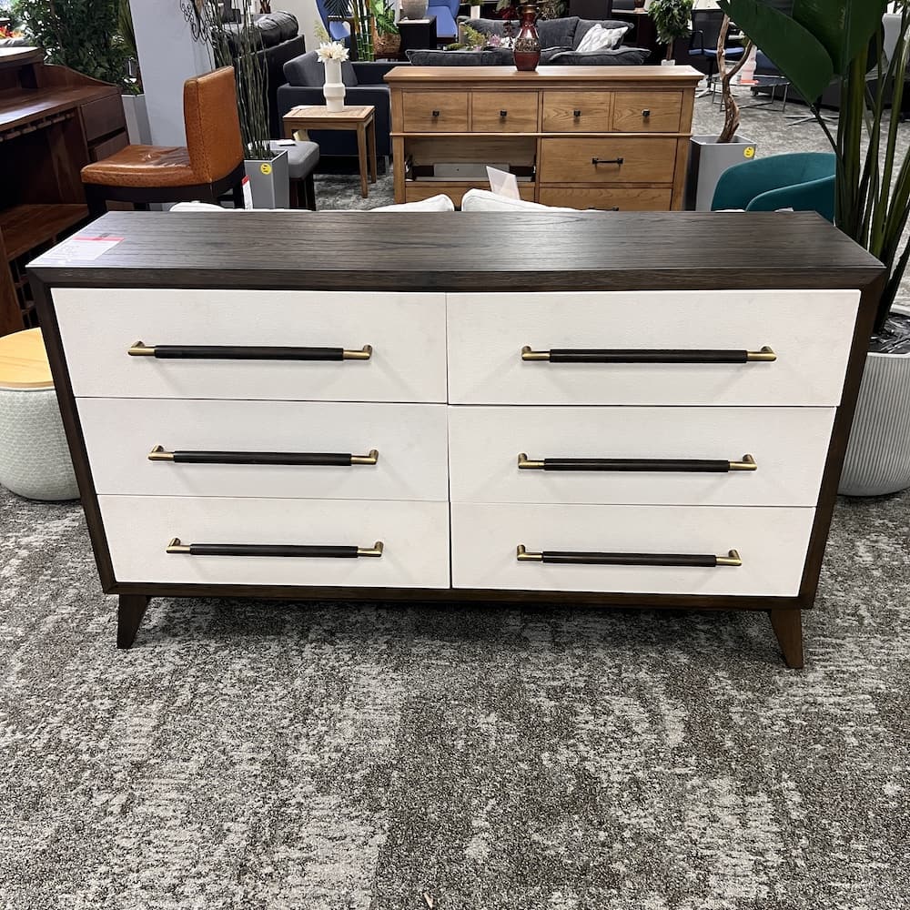 walnut veneer 6 drawer dresser with faux leather front drawers, open box furniture, home furnishings