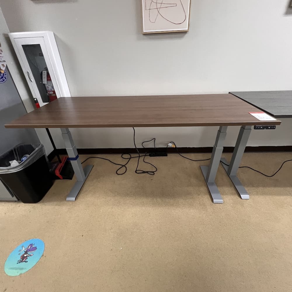 walnut height adjustable standing desk with silver legs 72 x 30