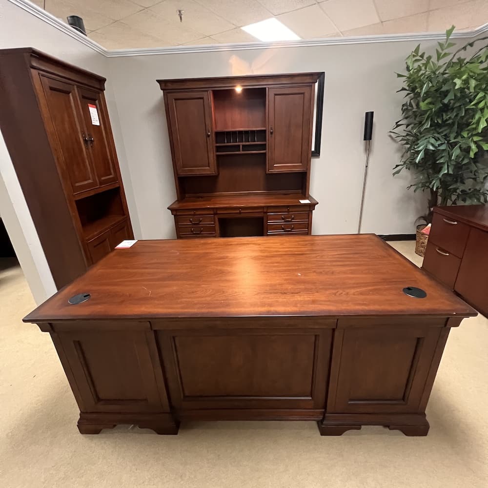 walnut veneer traditional desk set with credenza and hutch, used office furniture
