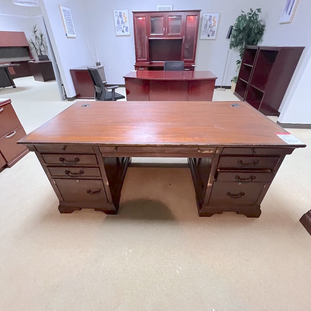 walnut veneer traditional desk set with credenza and hutch, used office furniture