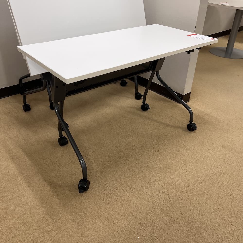 white laminate top and dark grey base training table, rolling flip, nest, used office furniture 48x24